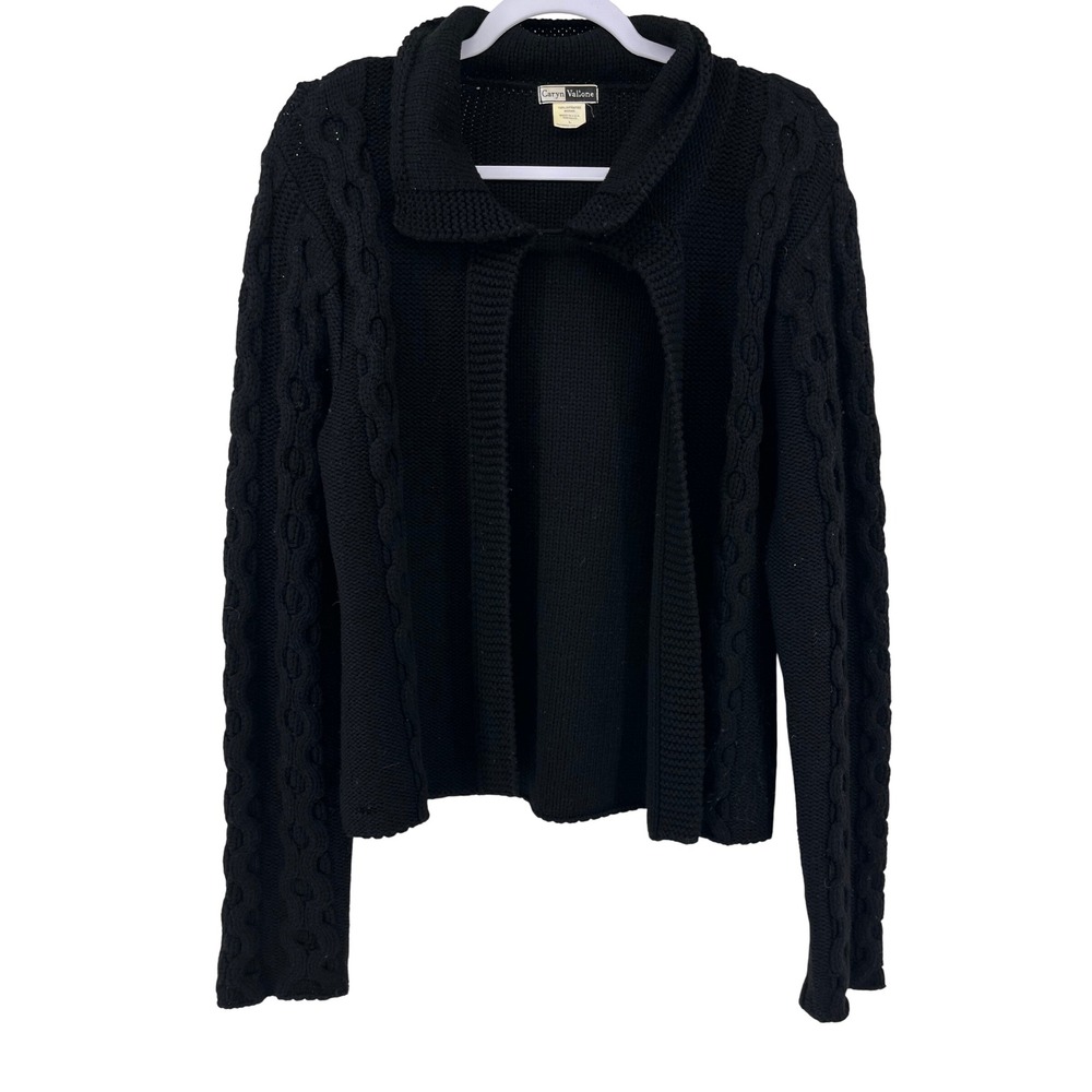 Caryn Vallone Black‎ 100% Merino Wool Cable Knit Open Front Cardigan Sweater L